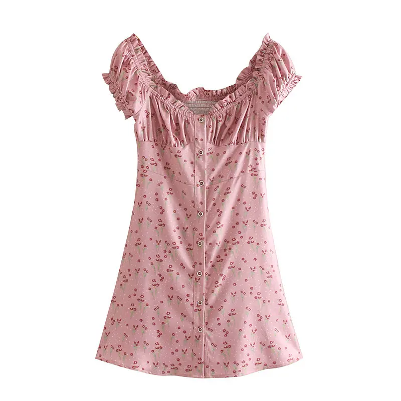 

ZXQB Sweet Chic Floral Print Buttons Mini Dress Stylish Women Square Collar Short Sleeve Dresses Casual Vestidos Mujer