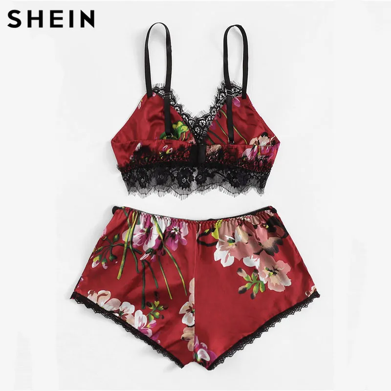 SHEIN, кружевные цветочные шорты с цветочной отделкой, PJ, набор, сексуальный, на бретельках, без рукавов, беспроводные бюстгальтеры и трусы, женский летний комплект нижнего белья