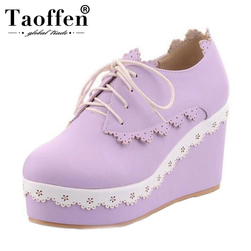 

TAOFFEN Plus Size 32-48 Women High Wedges Shoes Women Lace Cross Strap Patchwork Pumps Ladies Daily Vacation Elegant Footwear