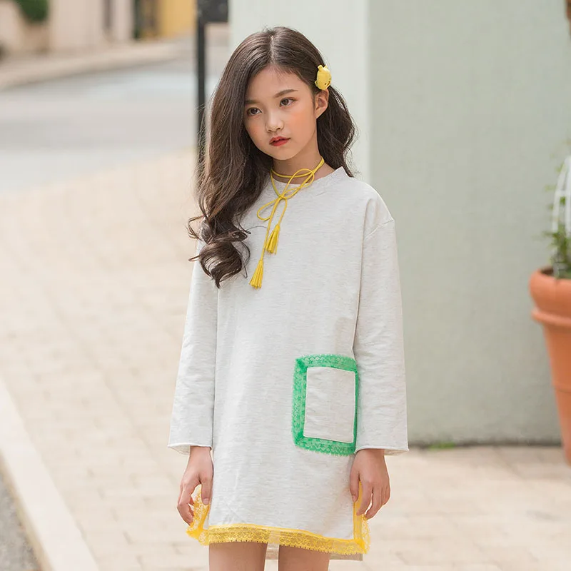 

New 2019 Pocket Patchwork Girls sweatshirt Dress Toddler clothing with lace Kids Clothes Spring Autumn Children Princess Dresses