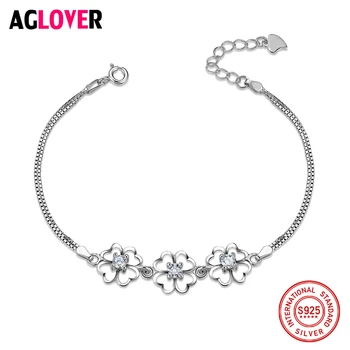 

Fashion Jewelry Authentic 925 Sterling Silver Jewelry Austrian Crystal Four Leaf Clover Heart Charm Bracelets For Women Gift