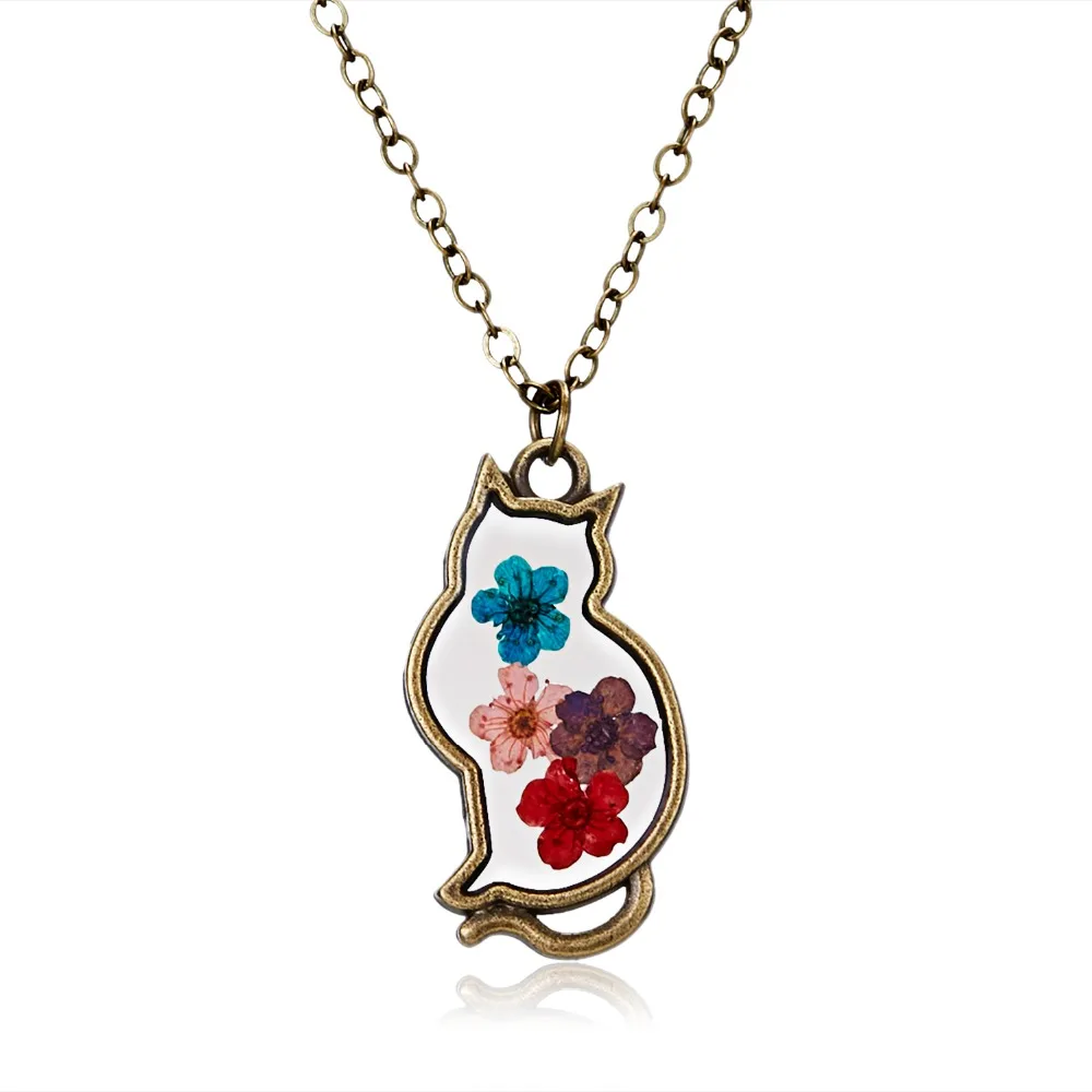 Bronze Cat Natural Real Dried Flowers Necklace Pendant Dry ...