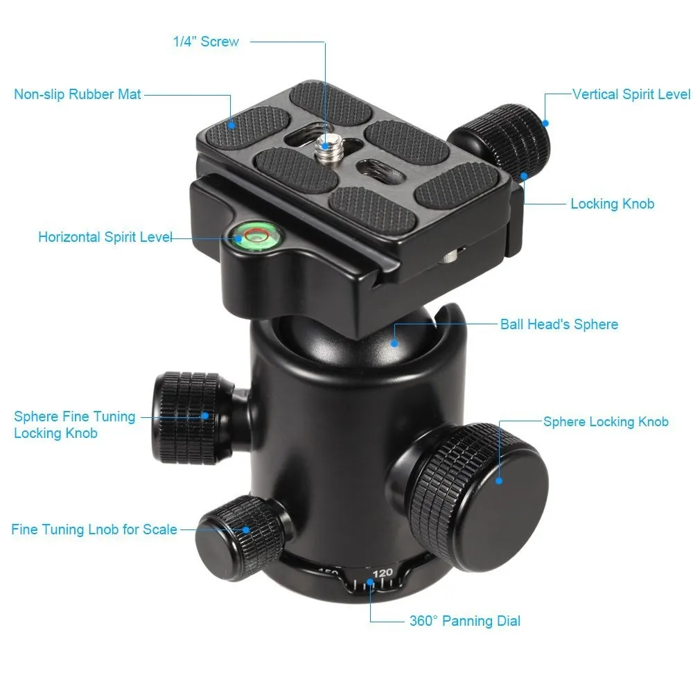 Manbily KF-0 штатив для камеры шаровая Головка из алюминиевого сплава шаровая Головка панорамная головка раздвижная рельсовая головка с 2 встроенными уровнями духов