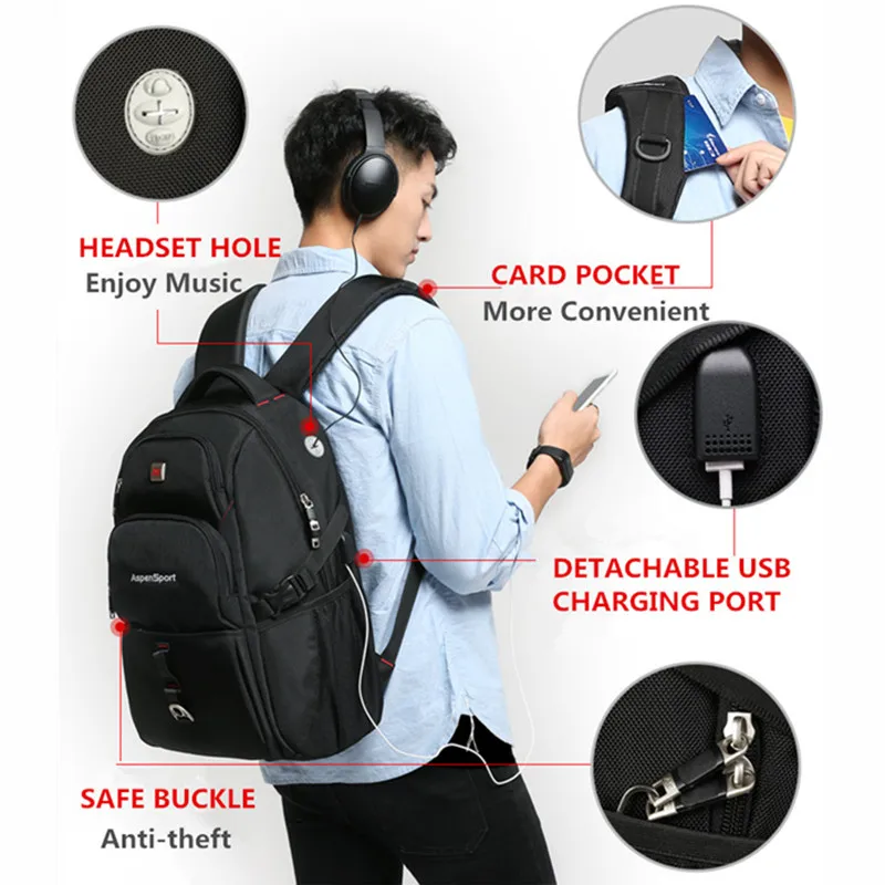 AspenSport 2018 New USB Charge Bag College Backpack Backpack Fashion School Bag for Men male fit 15-17Inch Laptop Backpack