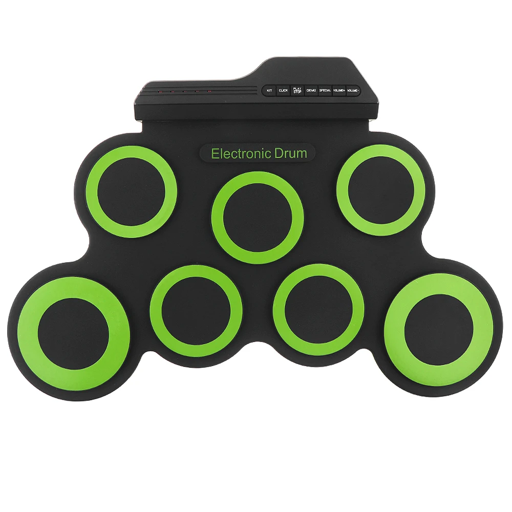 Портативный Силиконовый Электронный цифровой USB 7 подушечек свернутый набор зеленый Электрический барабанный комплект с барабанными палочками и поддерживающей педалью