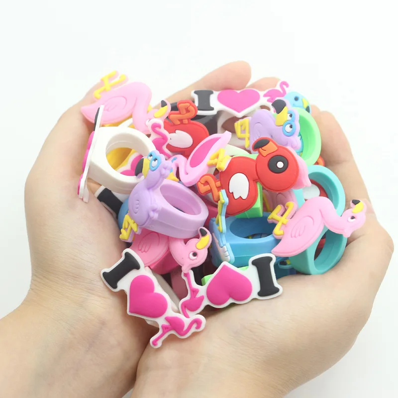 6pcs Silicone Cartoon Flamingo Finger Rings Jewelry Toys for Hawaiian Party Decoration Wedding Birthday Kids Gifts