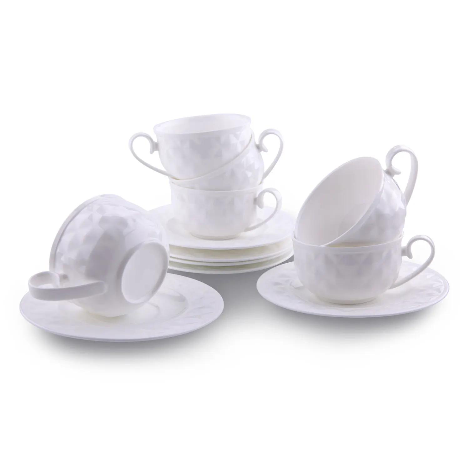 

5 Ounce Damond Bone China Coffee Cups and Saucers with Handle Coffee Latte Mocha Cappuccino Espresso Tea Cups Saucer sets of 6