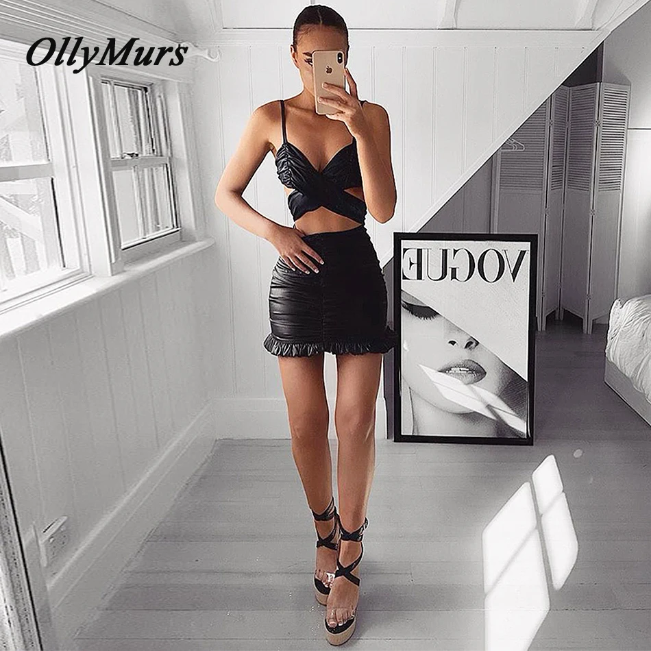 OllyMurs Новое Лето Bodycon платье без бретелек Для женщин пикантные Blck выдалбливают полиуретановое платье Vestidos Chic клуб знаменитостей вечерние платье