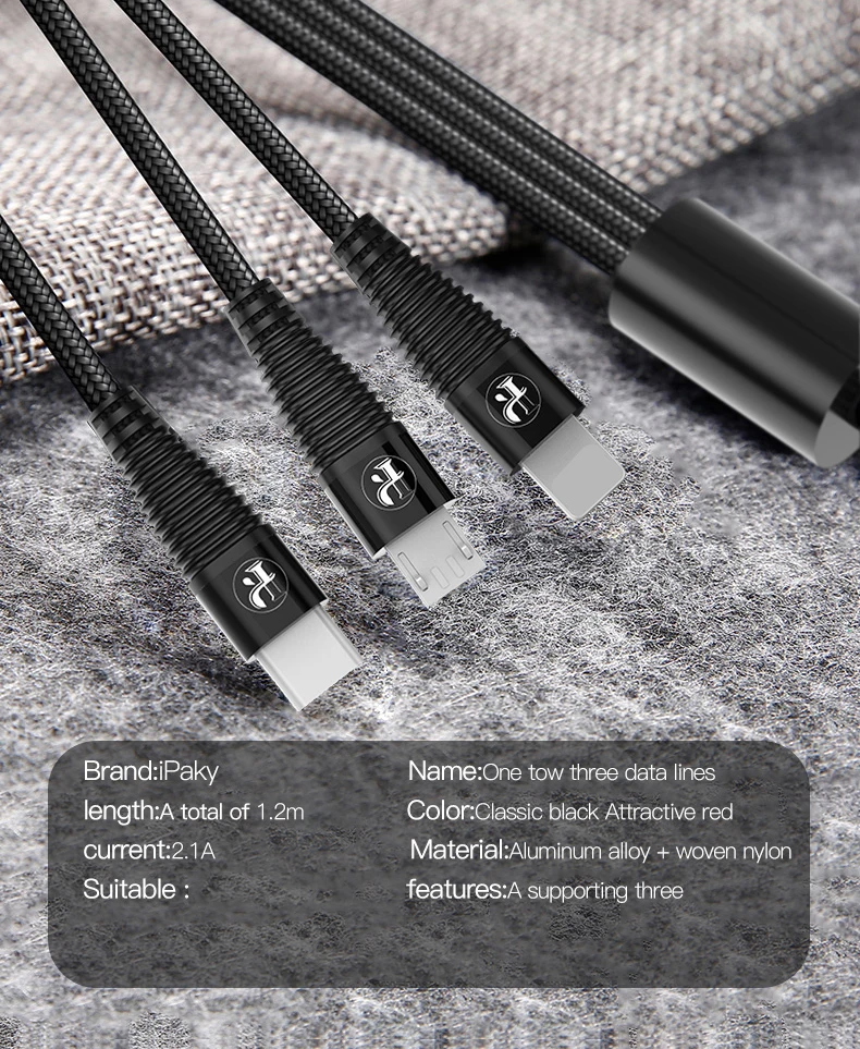 IPAKY USB кабель 3 в 1 быстрая зарядка usb-шнур синхронизации данных usb type C кабель для huawei mate 20 P30 для iPhone samsung Xiaomi