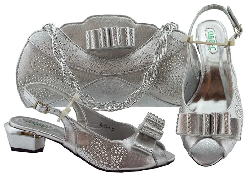 

Fashion low heel 1.7 inches and clutches bag fashion elegant low heel shoes bag silver italian shoes and bag set SB8348-4