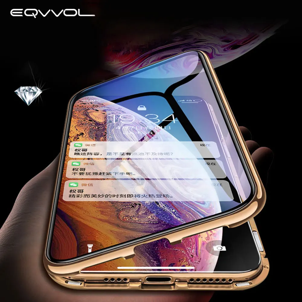 

Eqvvol Upgrade Metal Magnetic Case For iPhone XS MAX X XR Double Sided Glass Magnet Case For iPhone 7 8 6 6 Plus Full Cover Case