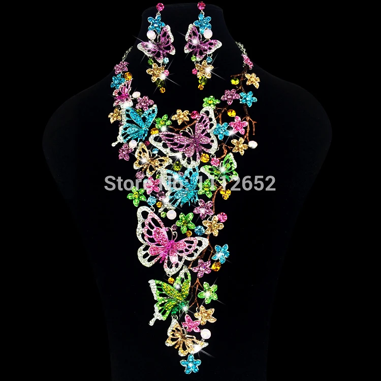 

Luxury Bridal Jewelry Sets Gorgeous Multi-color Butterfly Rhinestones Necklace Earrings for Brides Wedding Costume Accessories