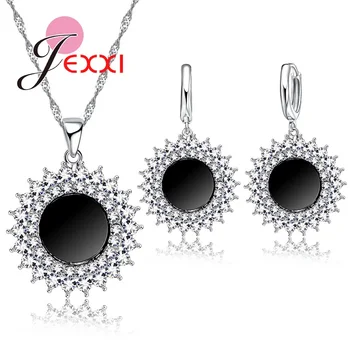 

Vintage Gothic Black Sun Jewelry Set Woman Punk Silver Pendant Fashion Zircon Rhinestone Necklace Earrings