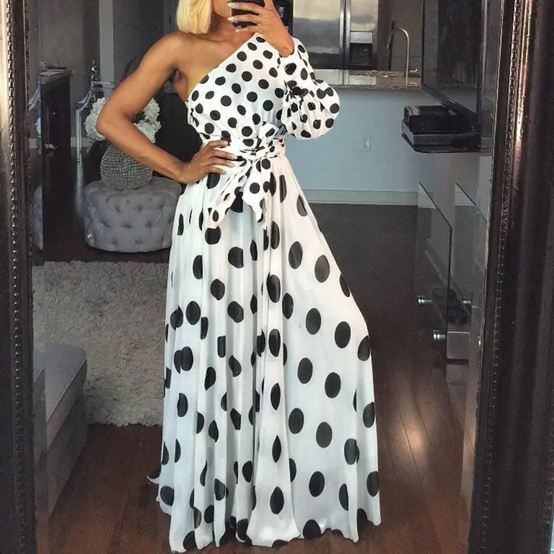 

Polka Dots Print White Dress Vintage Summer One Shoulder Elegant Belt Lace Up Swing Holiday Long Casual Retro Women Maxi Dress
