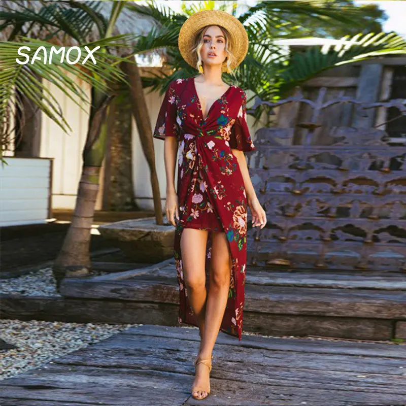 JSMY 2019 New Summer Beach Dress Fashion Women Bohemian Style Sexy V-neck Printing Chiffon Split Irregular Swallowtail Dress