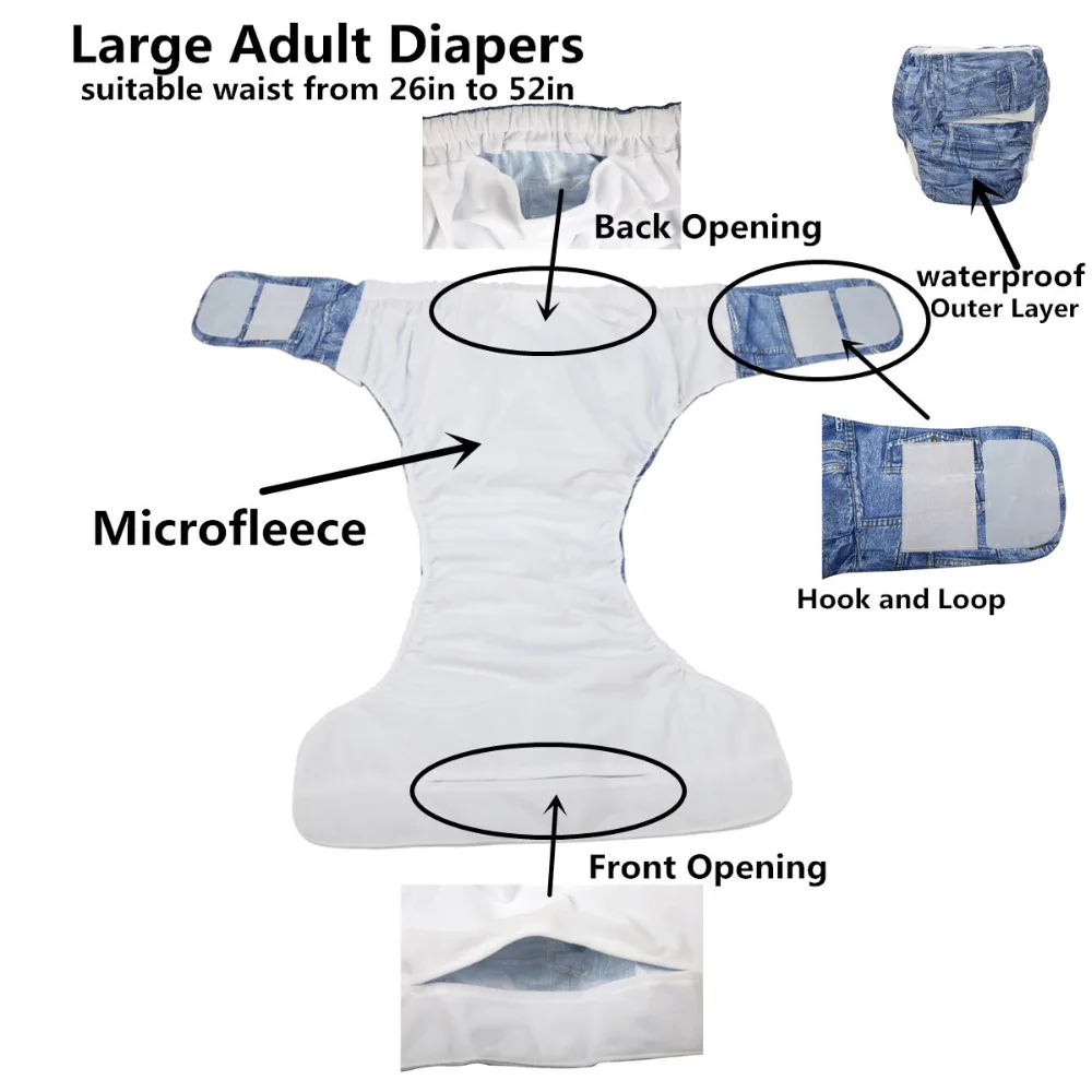Extra Large Pocket Patterned Denim Plastic Pants Diaper for Adults Teens