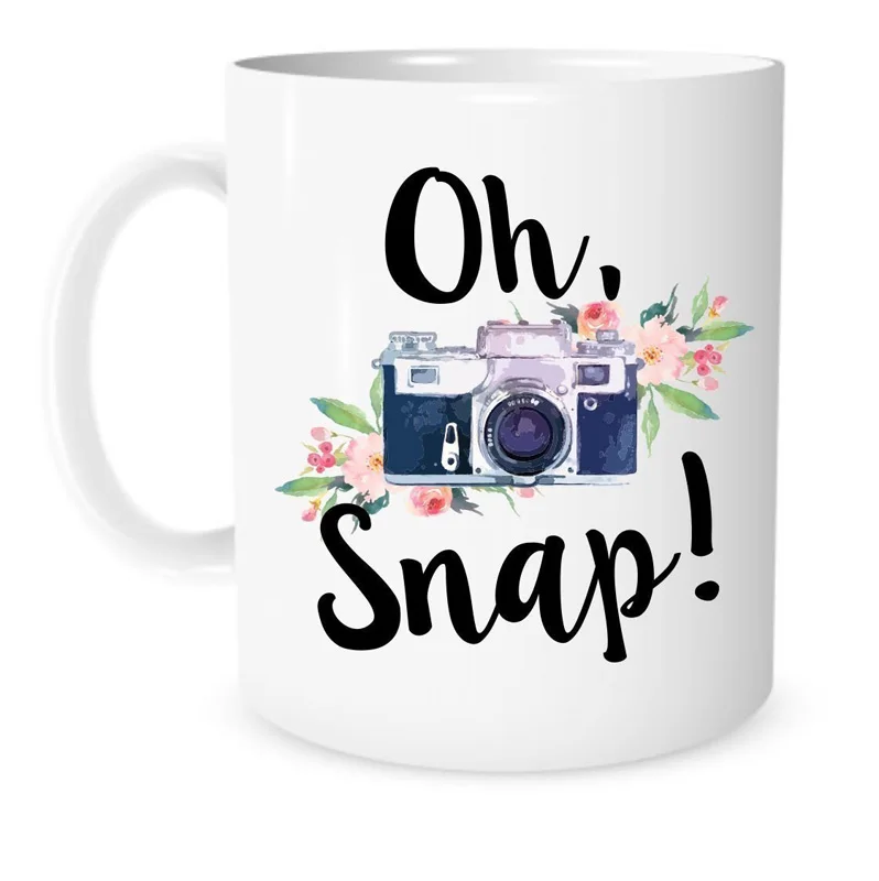 

The Coffee Corner - Oh, Snap! Camera Mug - 11 Ounce White Ceramic Coffee or Tea Mug - Gift for Photographer - Photography Cup -