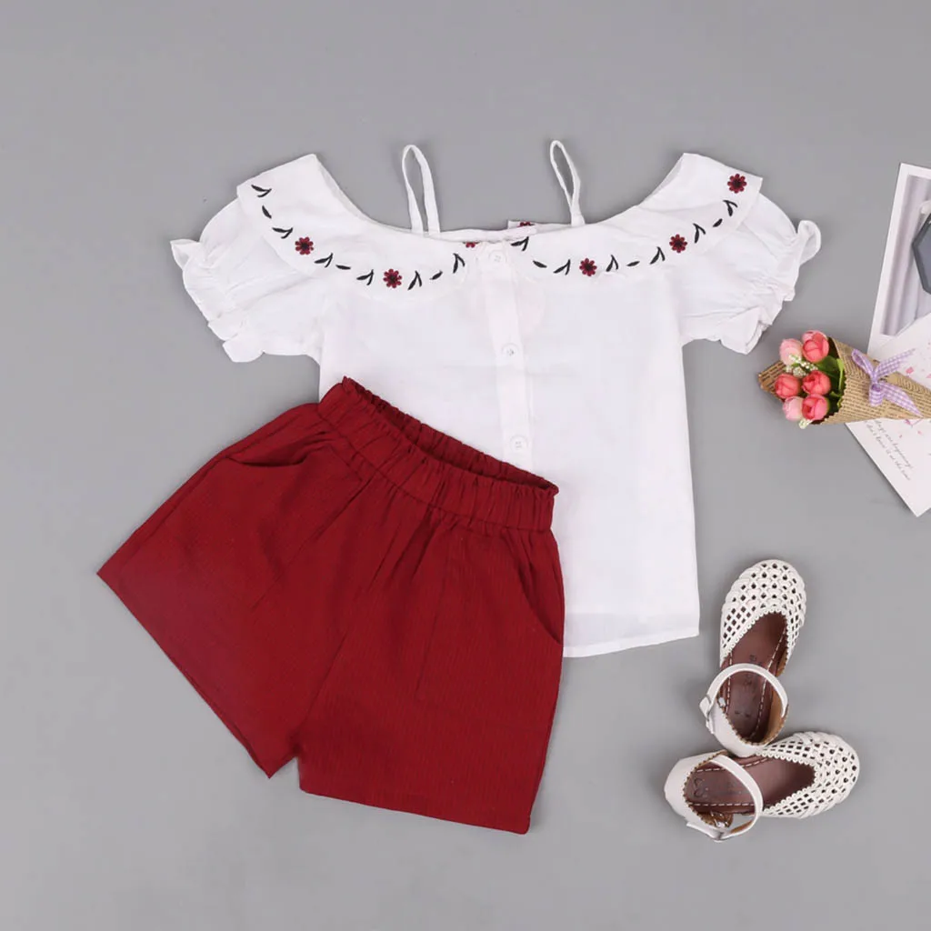 

Toddler Baby Girls Off Shoulder Floral Print Ruffles Tops+Solid Shorts Outfits 2019 NEW Drop Shipping