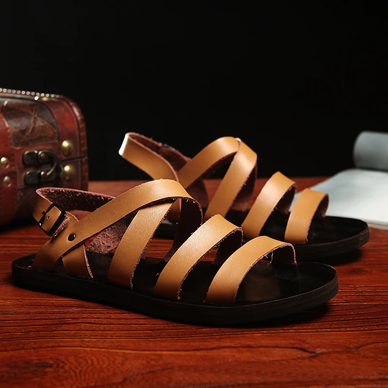 M-anxiu/ г.; Летние сандалии-гладиаторы из натуральной кожи с пряжкой на ремешке; Мужские Повседневные Дышащие Нескользящие туфли на плоской резиновой подошве