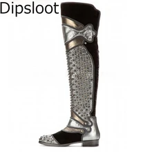 Популярные женские зимние сапоги выше колена с металлическими заклепками, украшенные стразами, в стиле пэчворк, сапоги на плоской подошве в стиле панк-рок, обувь наивысшего качества, высокие сапоги