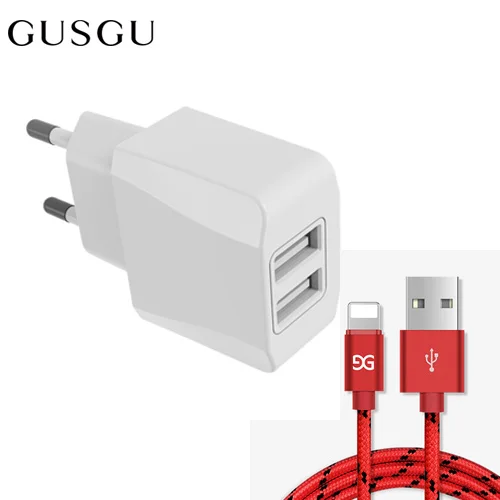 GUSGU Dual USB зарядное устройство для iPhone 7 8 6 X S Max iPad EU вилка адаптер для путешествий настенное зарядное устройство 2A зарядный кабель для Lightning 1,5 м - Тип штекера: White-Red