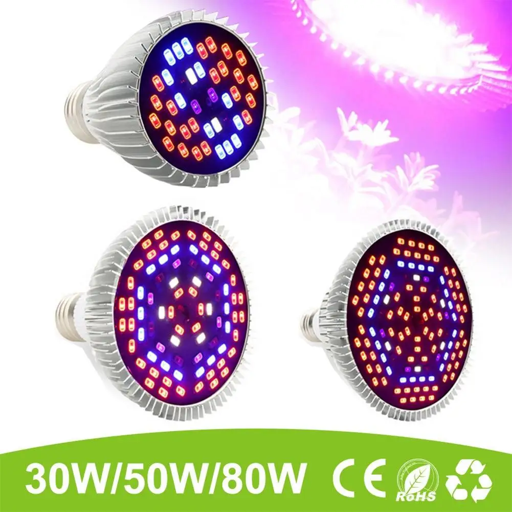 Adeeing 30 Вт/50 Вт/80 Вт E27 Светодиодный светильник для выращивания растений, полный спектр, лампа для выращивания растений, светильник для