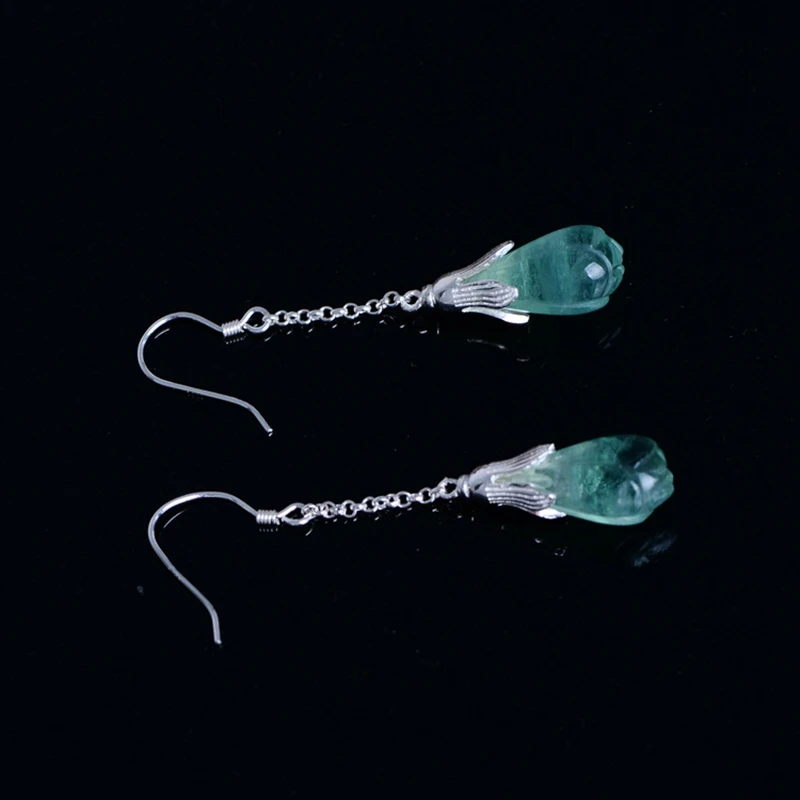 

925 sterling silver natural Fluorite earrigns blue handmade natural Fluorite flower drop earrings for women Fluorite jewelry