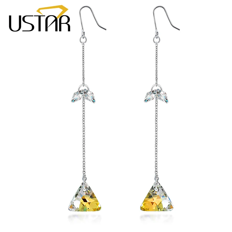 

USTAR Triangle Crystals Drop Earrings for Women with AAA Cubic Zirconia Long Dangle Earrings female wedding Jewelry brincos gift