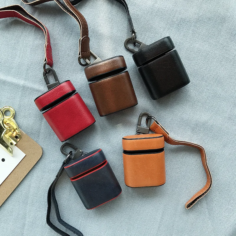 

Top Quality 5 Color 100% Real Leather Keychain Wireless Bluetooth Earphone Case for Airpods Protective Cover Keyring