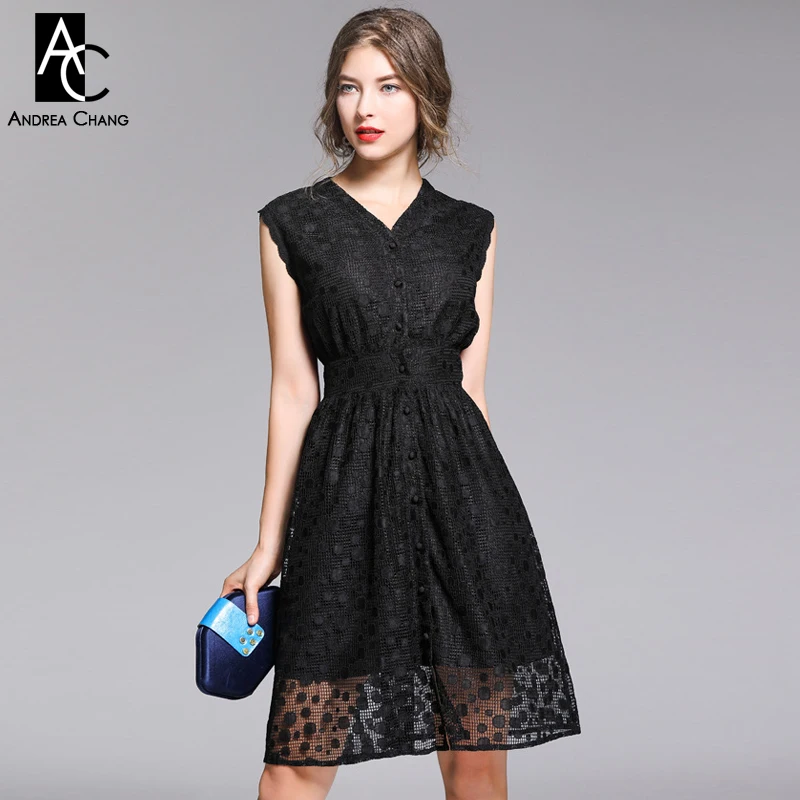 

S-XXL spring summer woman dress dot mesh pattern black lace dress ball gown v-neck knee length sleeveless sweet cute black dress