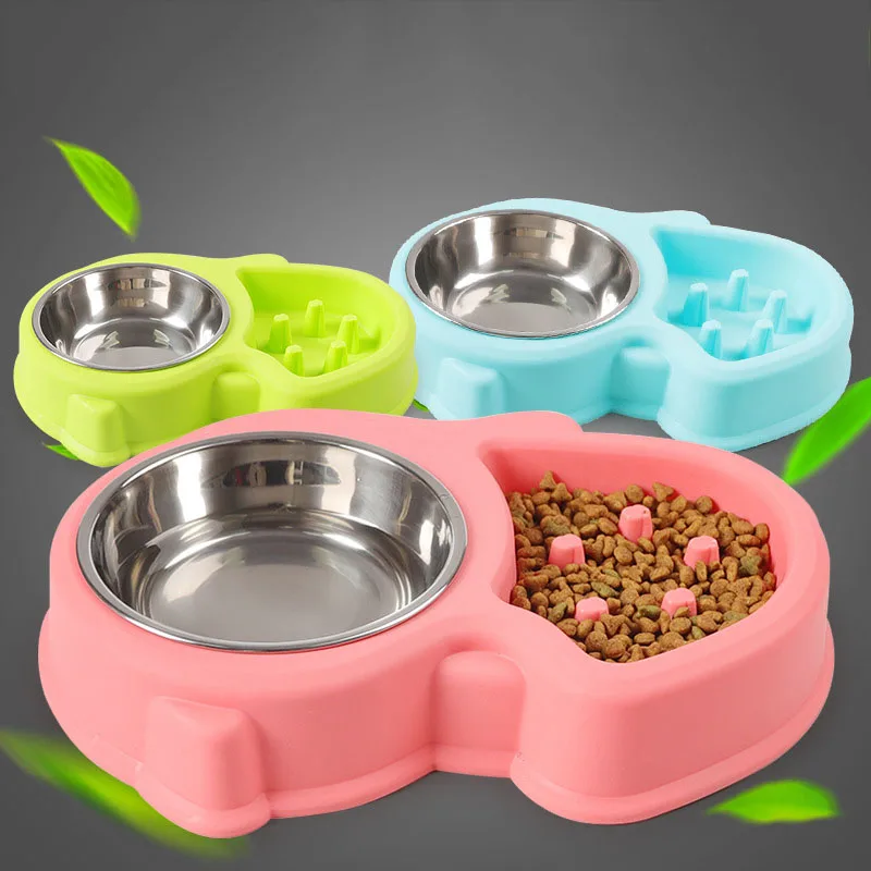 

Dog Cat Bowls Stainless Steel Puppy Kitten Bowl Slow Feeder Bowl Pet Cat Non-Slip Drink Water Food Dual Bowls Blue Pink Green