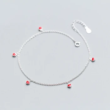 

MloveAcc 100% 925 Real Sterling Silver Fashion Women Jewelry Red Sweet Hearts Charm Anklets for Gift Girls Lady