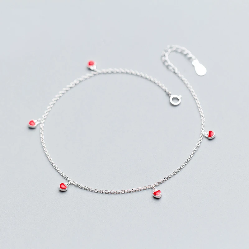 MloveAcc 100% 925 Real Sterling Silver Fashion Women Jewelry Red Sweet Hearts Charm Anklets for Gift Girls Lady MloveAcc 100% 925 Real Sterling Silver Fashion Women Jewelry Red Sweet Hearts Charm Anklets for Gift Girls Lady