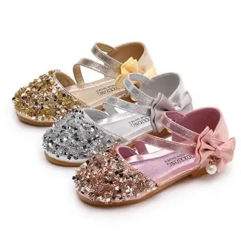 

2020 Children Princess Glitter Sandals Kids Girls Soft Shoes Square Low-heeled Dress Party Shoes Pink /Silver/Gold Size21-36