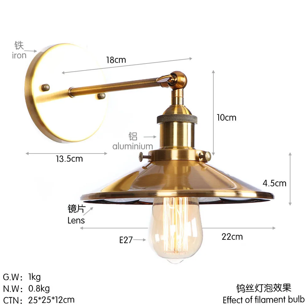 Скандинавское Золотое настенное бра, промышленный светодиодный настенный светильник, винтажный светильник, лофт, E27 лампа, железный Ретро домашний декоративный светильник, светильники