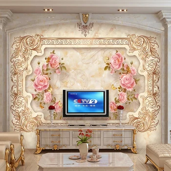 

Custom Self Adhesive Mural Wall Paper Sticker European Style Marble Flower Pattern Living Room TV Background Wallpaper Murals 3D