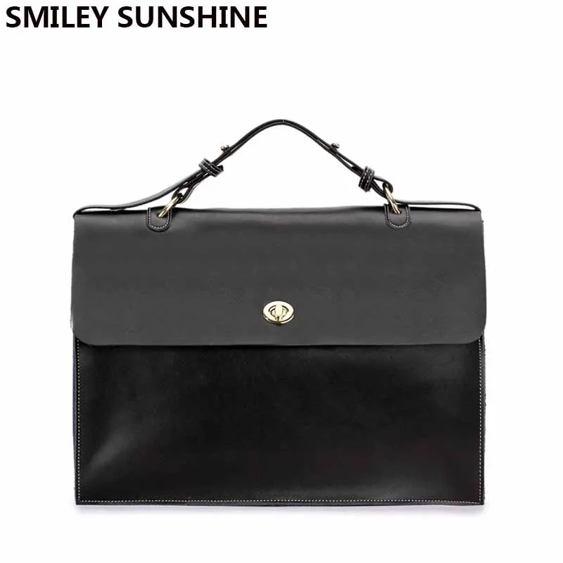 SMILEY SUNSHINE Genuine Leather Women Briefcase Bag Female Office Bag Ladies Big Business Bag Black Leather Hand bag wholesale