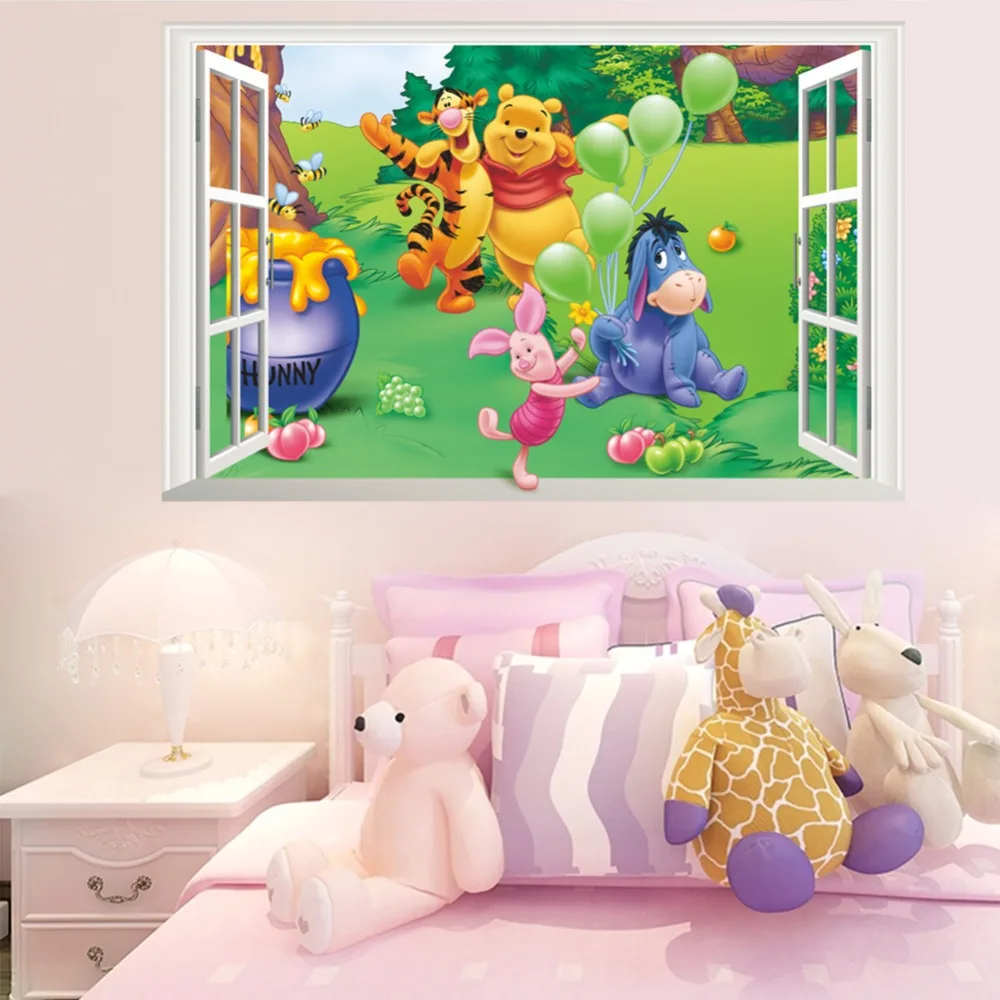 

% Cartoon Animals Winnie Pooh Wall Stickers For Kids Children Room Decaor 3d Window Bear Tiger Height Measure Nursery Wall Decal