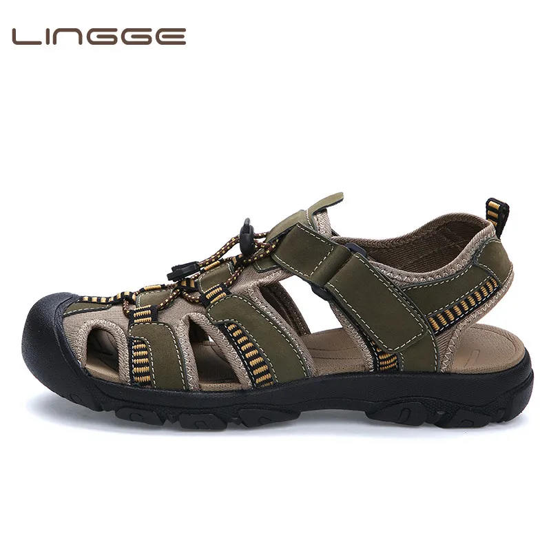 

LINGGE New Fashion Summer Beach Breathable Men Sandals Genuine Leather Men's Sandals Man Causal Shoes Plus Size 38-47