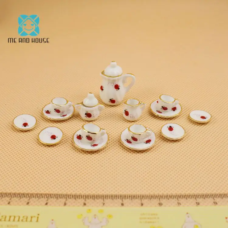 دمية منزل المائدة أثاث مصغر 17 قطع الأرجواني زهرة الصين دمى شاي سيراميك مجموعات 1:12 مقياس