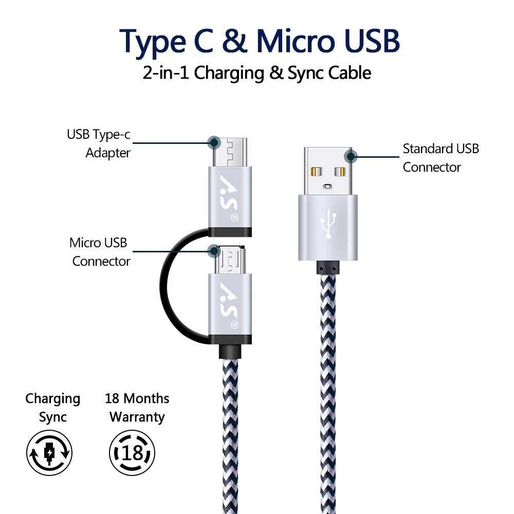 AS 2 في 1 كابل يو اس بي نوع C المصغّر USB سريع كابل شحن متعددة الوظائف USB C النايلون جديلة ل شاحن هاتف محمول يعمل بنظام تشغيل أندرويد كابلات 1/ 2/3 M