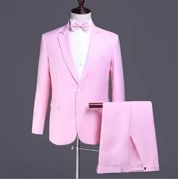 

2019 new Korean version men slim suit sets men's business casual pink suit three-piece stage singer dress costumes