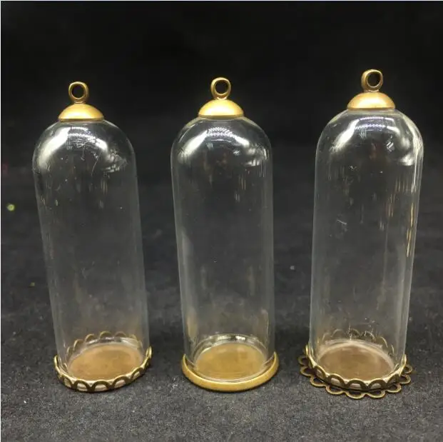 

3pcs/lot 18x50mm clear empty tube glass globes cover with bronze lace tray copper metal cap jewelry necklace vial pendants