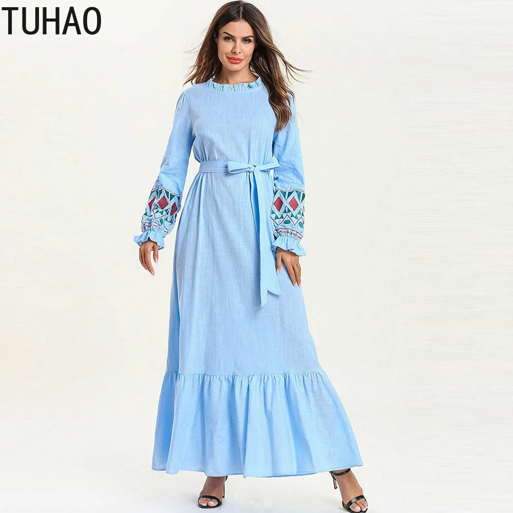 

Elegant Muslim Robe Woman's Clothes Geometric Embroidery A Line Long Sleeve Dress Patchwork Long Maxi Dresses With Sashes T7526