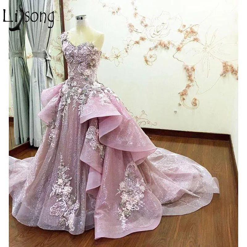 

Abendkleider Dusty Pink 3D Flower Prom Dresses Ruffles Embroidery Prom Gowns Vestido De Festa Abiye Formal Party Dress 2018