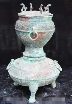 

11" China Ancient Folk Old Bronze dynasty Three Layer incense burner censer