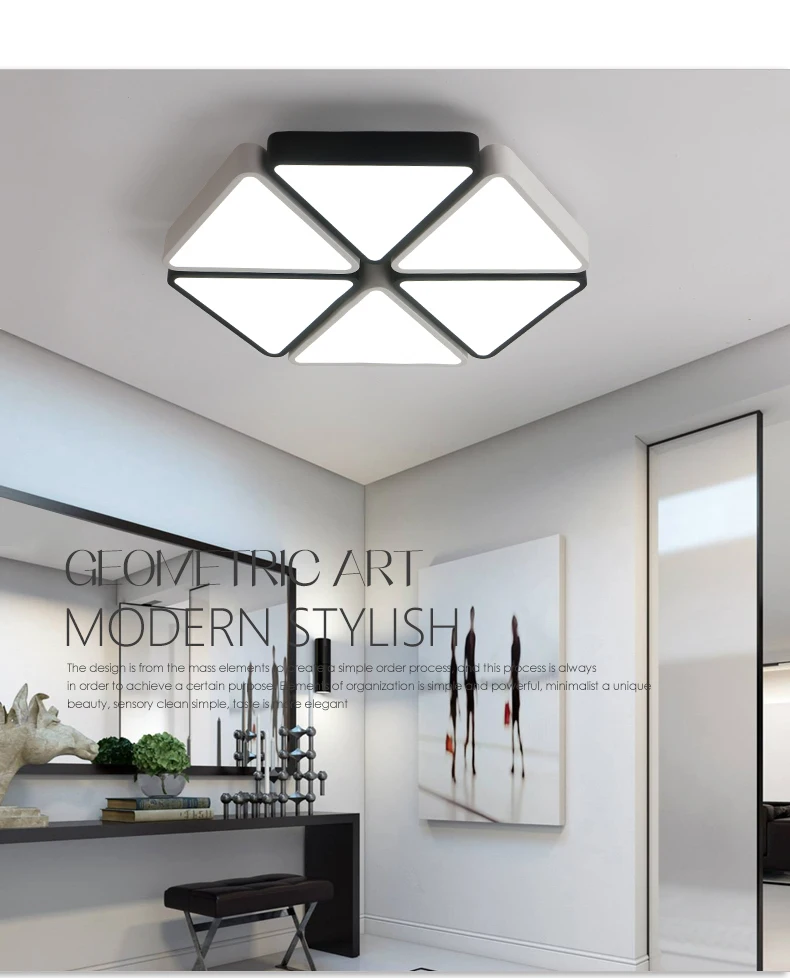 Современная стильная Геометрическая искусство Шестигранная Форма Акриловый скраб черный/белый оттенок сшивание треугольник светодиодный потолочный светильник для гостиной