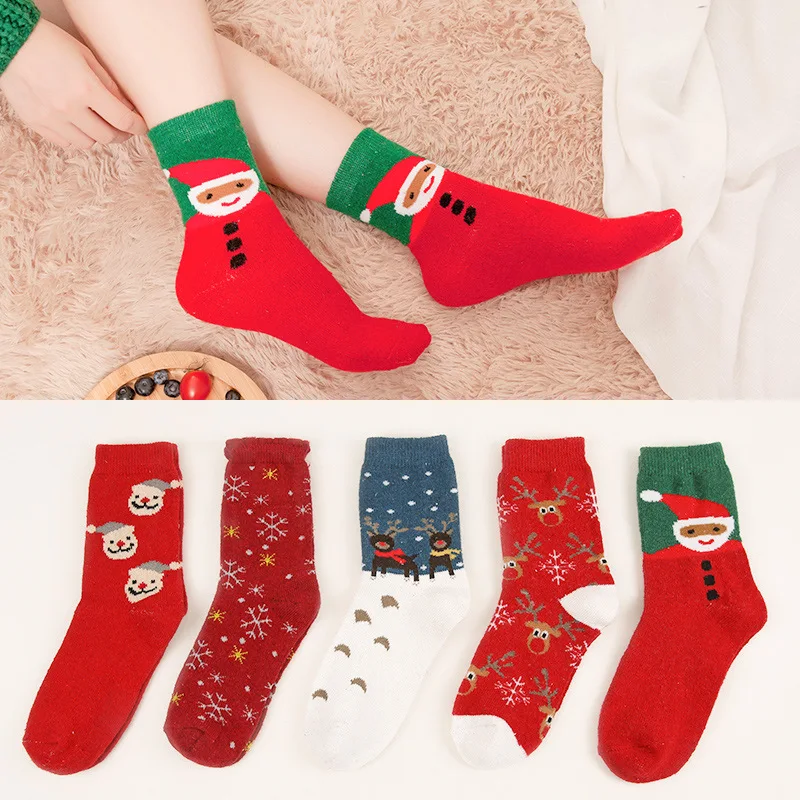 Шерстяные женские рождественские носки с Санта-Клаусом, теплые женские осенне-зимние высокие красные длинные толстые модные Носки с