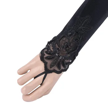 

Female Gloves Fashion Women Red White Opera Stretch Satin Lace Glove Fingerless Applique Gloves Women Party Gloves