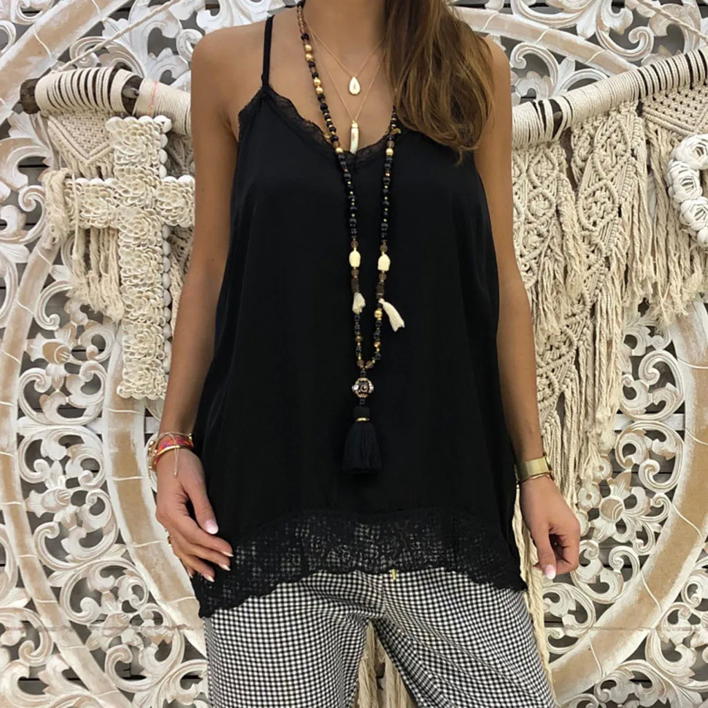 

2019 Summer Women Lace Tank Tops Solid Sexy Ladies Camis Tops Insert V-Neck Sling Loose Tank Top Casual Female Tee Tops Vest